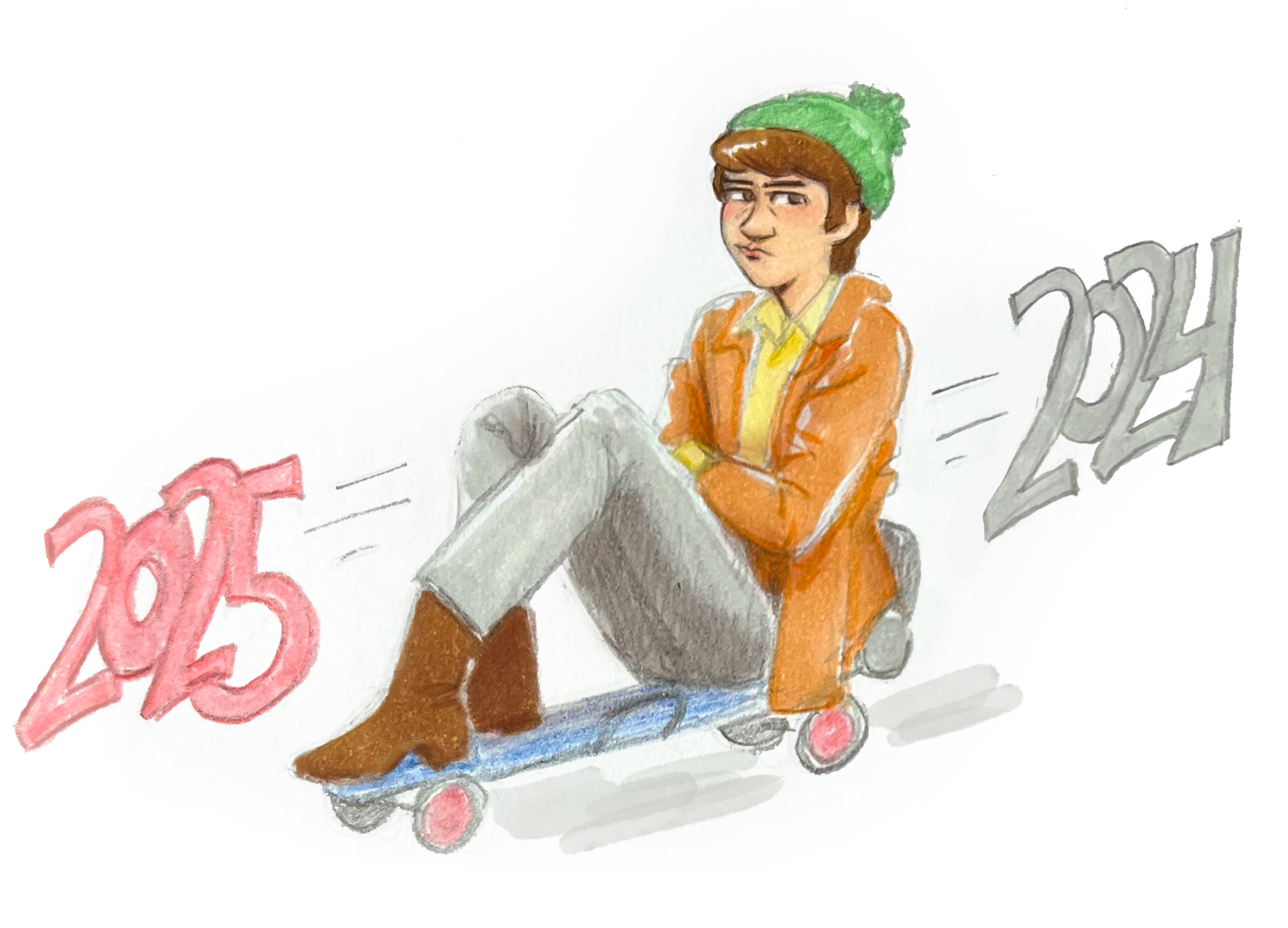 mixed media drawing of Mike Nesmith on a scooter with 2024>>2025 behind him