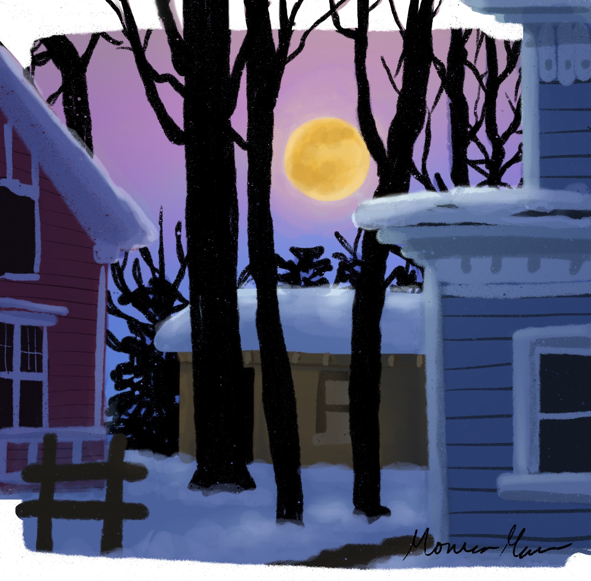 digital painting of a moon over snowy houses